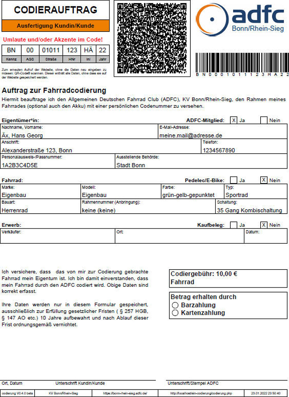Beispiel für ein ausgefülltes Codierformular (bitte nicht herunterladen!) Beispiel für ein ausgefülltes Formular (bitte nicht herunterladen)
