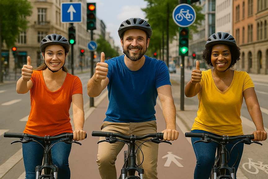 Fröhliche Fahrradfahrende mit Daumen hoch